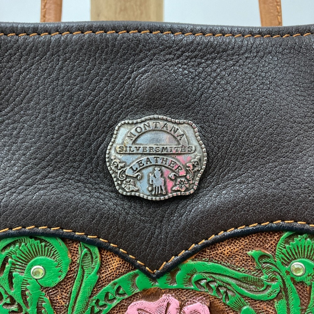 Montana Silversmiths Leather Tooled Shoulder Bag Floral Rhinestones Vintage - Picture 4 of 14